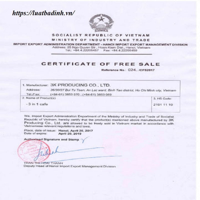 Certificate of Free Sale. giấy chứng nhận lưu hành tự do cho sản phẩm, hàng hóa