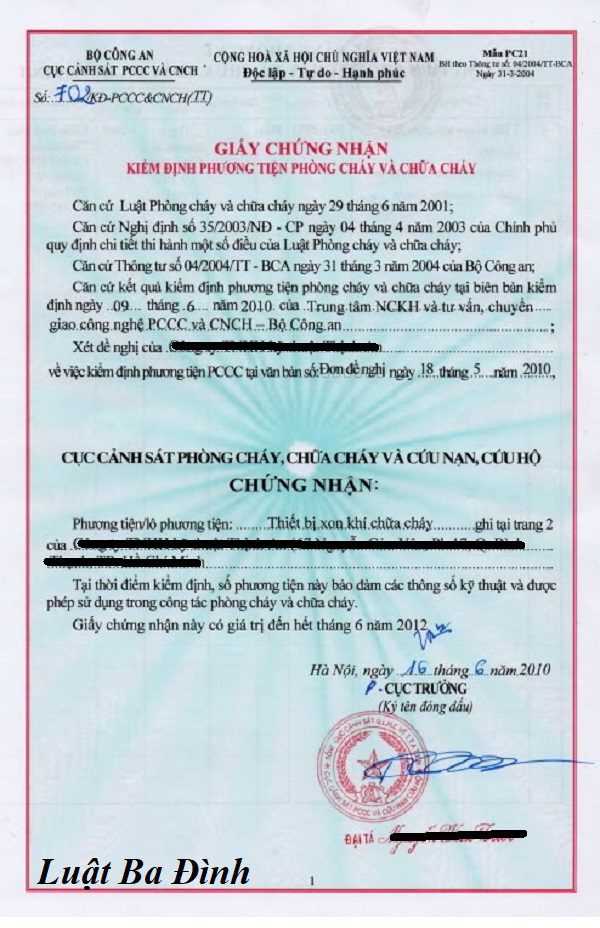 Mẫu giấy chứng nhận kiểm định phương tiện PCCC